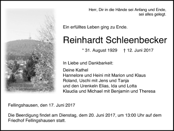 Traueranzeige von Reinhardt Schleenbecker von Giessener Allgemeine, Alsfelder Allgemeine