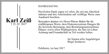 Traueranzeige von Karl Zeiß von Giessener Allgemeine, Alsfelder Allgemeine