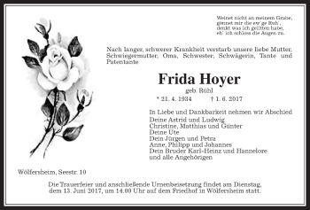 Traueranzeige von Frida Hoyer von Wetterauer Zeitung, Wetterauer Zeitung