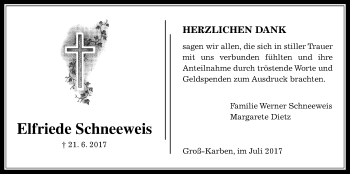 Traueranzeige von Elfriede Schneeweis von Wetterauer Zeitung