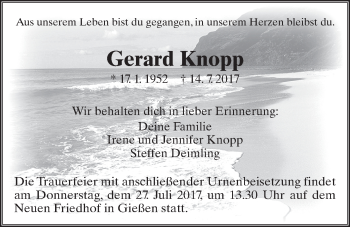 Traueranzeige von Gerard Knopp von Giessener Allgemeine, Alsfelder Allgemeine