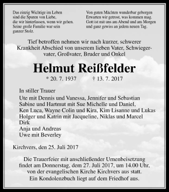 Traueranzeige von Helmut Reißfelder von Giessener Allgemeine, Alsfelder Allgemeine