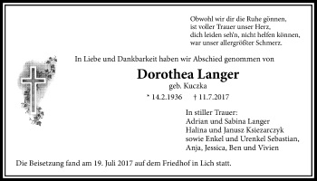 Traueranzeige von Dorothea Langer von Licher Wochenblatt, Licher Wochenblatt, Licher Wochenblatt