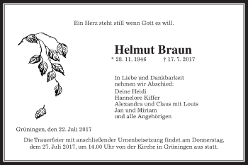 Traueranzeige von Helmut Braun von Giessener Allgemeine, Alsfelder Allgemeine