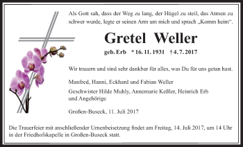 Traueranzeige von Gretel Weller von Giessener Allgemeine, Alsfelder Allgemeine