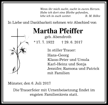 Traueranzeige von Martha Pfeiffer von Giessener Allgemeine, Alsfelder Allgemeine