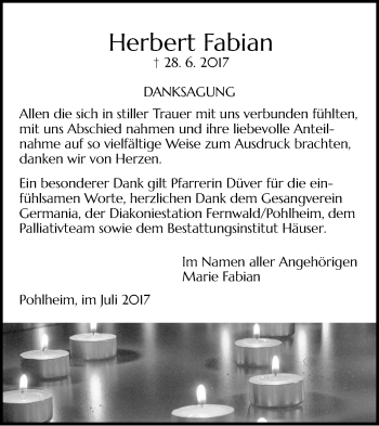 Traueranzeige von Herbert Fabian von Giessener Allgemeine, Alsfelder Allgemeine
