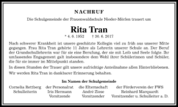 Traueranzeige von Rita Tran von Wetterauer Zeitung, Wetterauer Zeitung