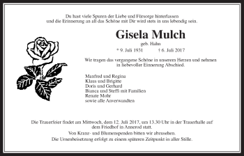 Traueranzeige von Gisela Mulch von Giessener Allgemeine, Alsfelder Allgemeine