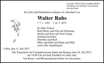 Traueranzeige von Walter Ruhs von Giessener Allgemeine, Alsfelder Allgemeine