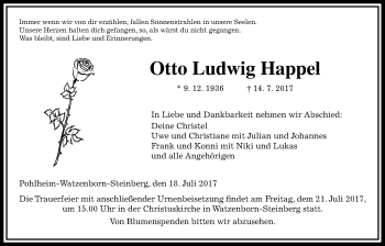 Traueranzeige von Otto Ludwig Happel von Giessener Allgemeine, Alsfelder Allgemeine