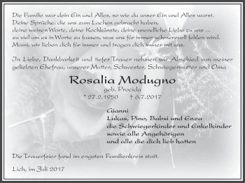 Traueranzeige von Rosalia Modugno von Licher Wochenblatt, Licher Wochenblatt, Licher Wochenblatt