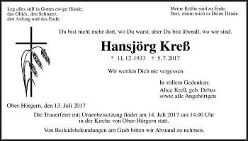 Traueranzeige von Hansjörg Kreß von Licher Wochenblatt, Licher Wochenblatt, Licher Wochenblatt