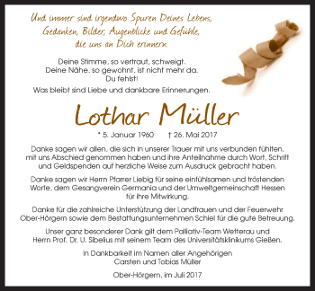 Traueranzeige von Lothar Müller von Giessener Allgemeine, Alsfelder Allgemeine, Wetterauer Zeitung, Wetterauer Zeitung
