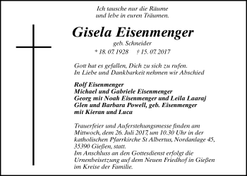 Traueranzeige von Gisela Eisenmenger von Giessener Allgemeine, Alsfelder Allgemeine