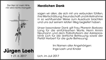 Traueranzeige von Jürgen Loeh von Licher Wochenblatt, Licher Wochenblatt, Licher Wochenblatt