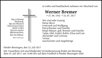 Traueranzeige von Werner Bremer von Giessener Allgemeine, Alsfelder Allgemeine