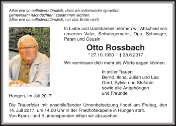Traueranzeige von Otto Rossbach von Licher Wochenblatt, Licher Wochenblatt, Licher Wochenblatt