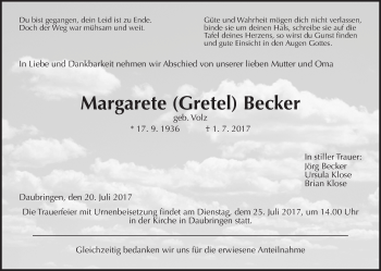 Traueranzeige von Margarete (Gretel) Becker von Giessener Allgemeine, Alsfelder Allgemeine