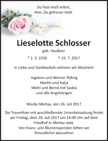 Traueranzeige von Lieselotte Schlosser von Giessener Allgemeine, Alsfelder Allgemeine