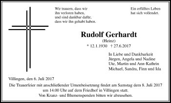 Traueranzeige von Rudolf Gerhardt von Licher Wochenblatt, Licher Wochenblatt, Licher Wochenblatt
