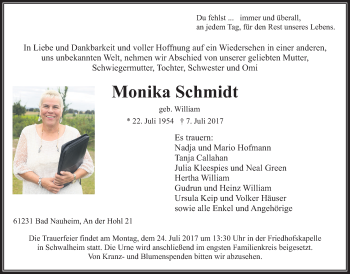 Traueranzeige von Monika Schmidt von Wetterauer Zeitung, Wetterauer Zeitung