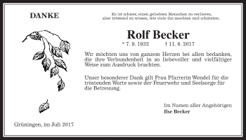 Traueranzeige von Rolf Becker von Giessener Allgemeine, Alsfelder Allgemeine