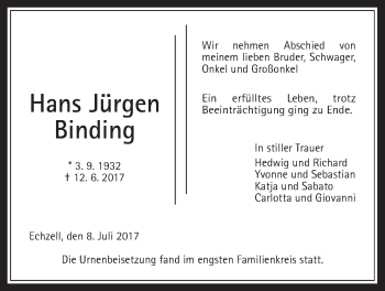 Traueranzeige von Hans Jürgen Binding von Wetterauer Zeitung, Wetterauer Zeitung