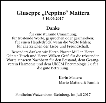 Traueranzeige von Giuseppe Mattera von Pohlheimer Nachrichten