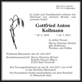 Traueranzeige von Gottfried Anton Kollmann von Wetterauer Zeitung, Wetterauer Zeitung