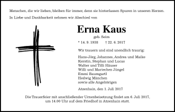 Traueranzeige von Erna Kaus von Giessener Allgemeine, Alsfelder Allgemeine