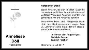 Traueranzeige von Anneliese Döll von Licher Wochenblatt, Licher Wochenblatt, Licher Wochenblatt