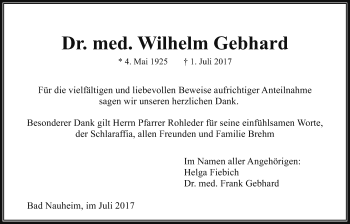 Traueranzeige von Wilhelm Gebhard von Wetterauer Zeitung, Wetterauer Zeitung