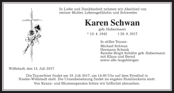 Traueranzeige von Karen Schwan von Wetterauer Zeitung, Wetterauer Zeitung