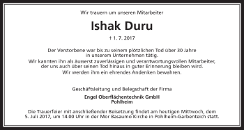 Traueranzeige von Ishak Duru von Giessener Allgemeine, Alsfelder Allgemeine