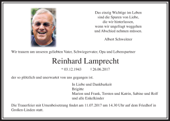 Traueranzeige von Reinhard Lamprecht von Giessener Allgemeine, Alsfelder Allgemeine