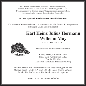 Traueranzeige von Karl Heinz Julius Hermann Wilhelm May von Wetterauer Zeitung, Wetterauer Zeitung