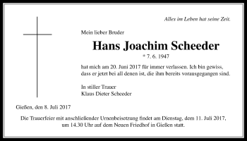 Traueranzeige von Hans Joachim Scheeder von Giessener Allgemeine, Alsfelder Allgemeine