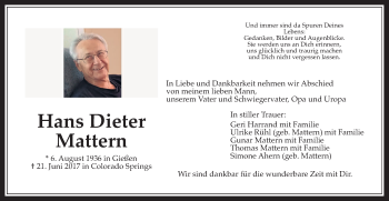 Traueranzeige von Hans Dieter Mattern von Giessener Allgemeine, Alsfelder Allgemeine