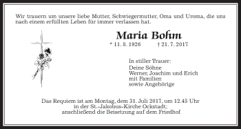 Traueranzeige von Maria Bohm von Wetterauer Zeitung, Wetterauer Zeitung