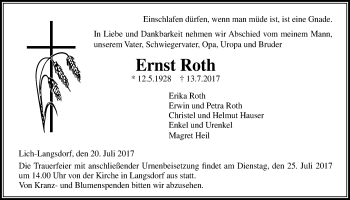 Traueranzeige von Ernst Roth von Licher Wochenblatt, Licher Wochenblatt, Licher Wochenblatt