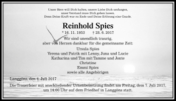 Traueranzeige von Reinhold Spies von Giessener Allgemeine, Alsfelder Allgemeine