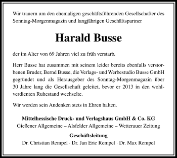 Traueranzeige von Harald Busse von Giessener Allgemeine, Alsfelder Allgemeine