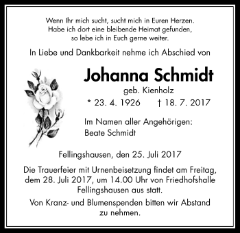 Traueranzeige von Johanna Schmidt von Giessener Allgemeine, Alsfelder Allgemeine