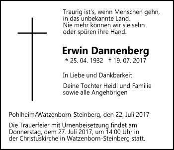 Traueranzeige von Erwin Dannenberg von Giessener Allgemeine, Alsfelder Allgemeine