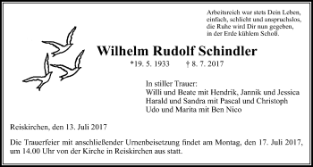 Traueranzeige von Wilhelm Rudolf Schindler von Giessener Allgemeine, Alsfelder Allgemeine