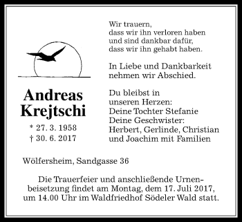 Traueranzeige von Andreas Krejtschi von Wetterauer Zeitung, Wetterauer Zeitung