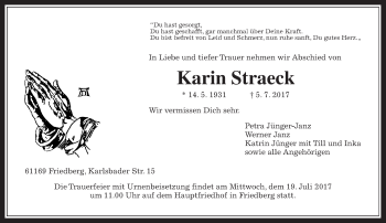 Traueranzeige von Karin Straeck von Wetterauer Zeitung, Wetterauer Zeitung