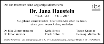 Traueranzeige von Jana Haustein von Giessener Allgemeine, Alsfelder Allgemeine