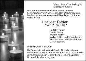 Traueranzeige von Herbert Fabian von Giessener Allgemeine, Alsfelder Allgemeine